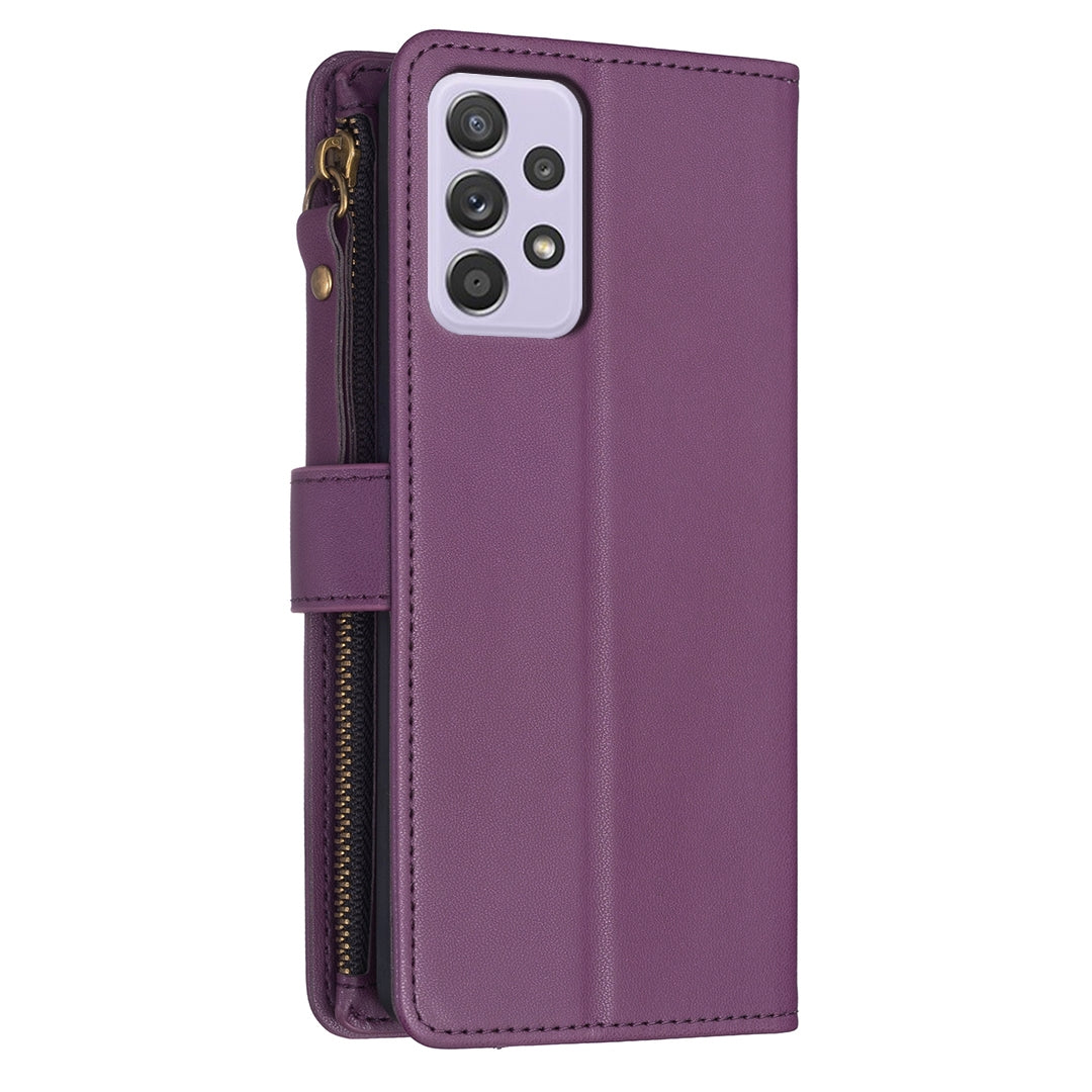 Samsung Galaxy A52 Leather Flip Phone Case with 9 Card Slots, Zipper Wallet & Detachable Wristlet Strap