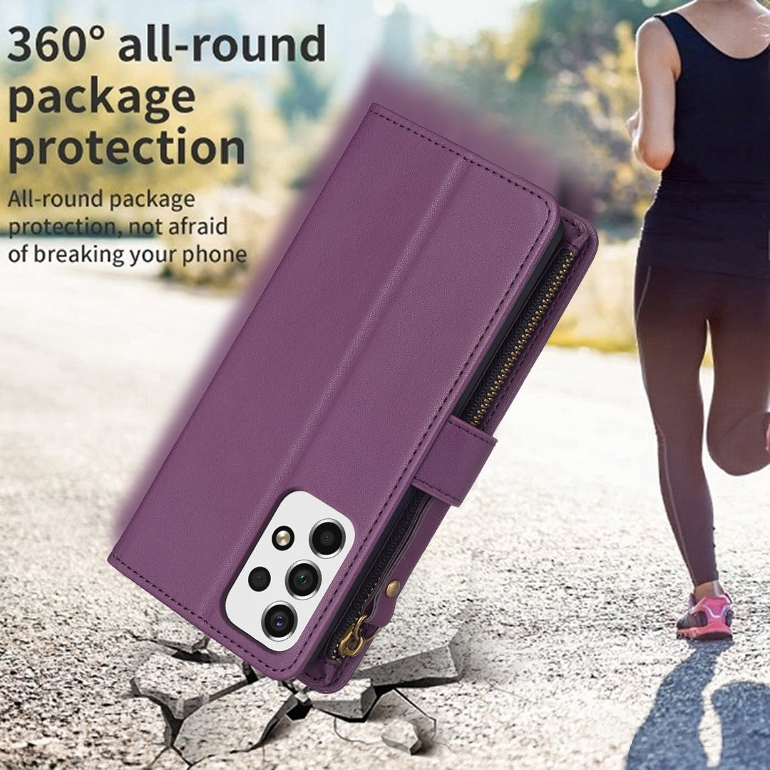 Samsung Galaxy A53 Leather Flip Phone Case with 9 Card Slots, Zipper Wallet & Detachable Wristlet Strap