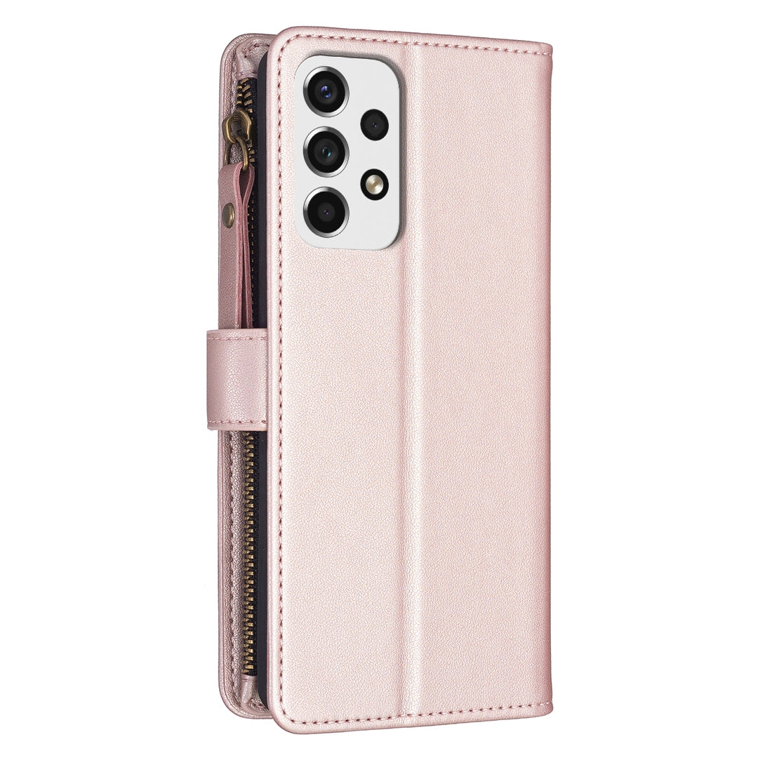 Samsung Galaxy A53 Leather Flip Phone Case with 9 Card Slots, Zipper Wallet & Detachable Wristlet Strap
