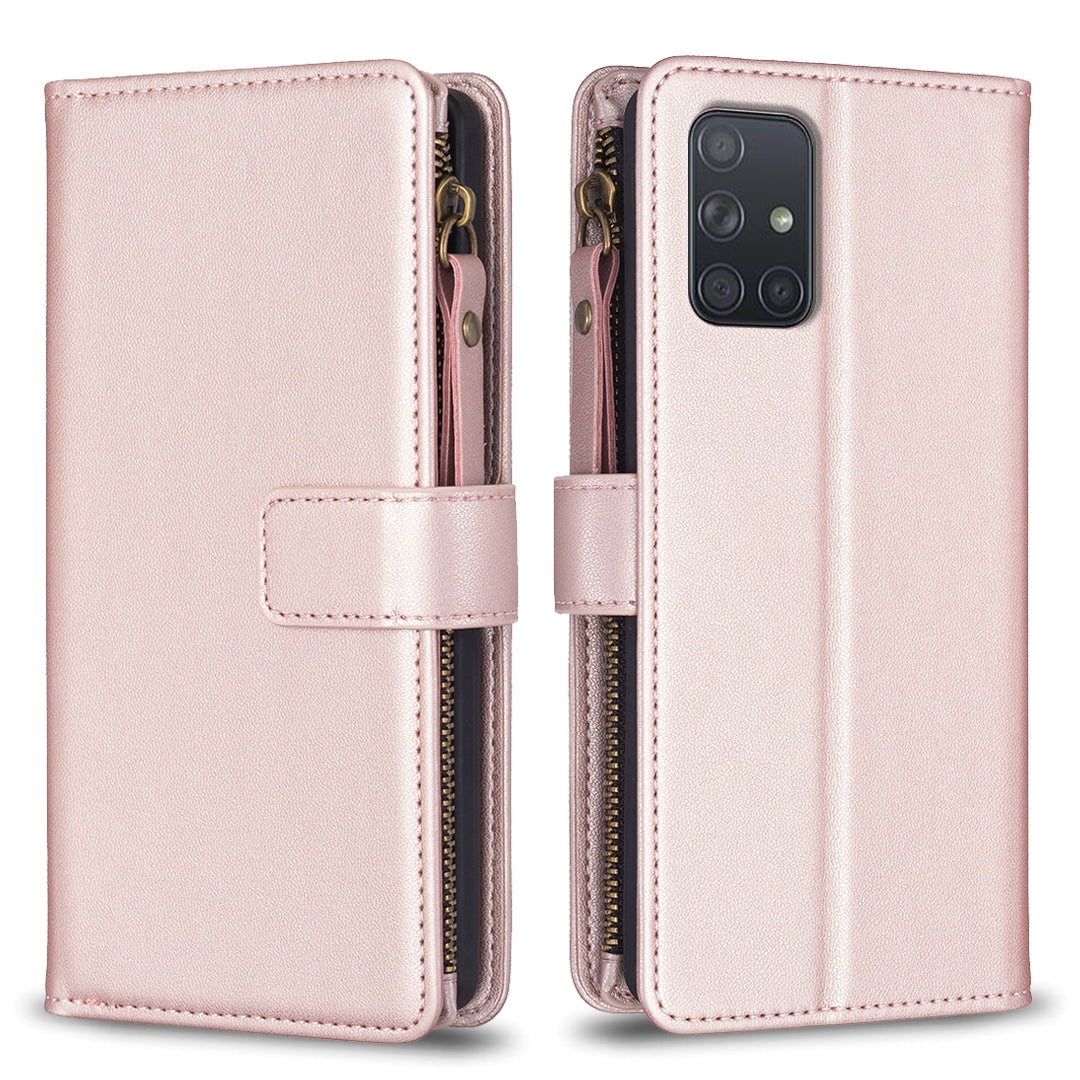 Samsung Galaxy A71 4G Leather Flip Phone Case with 9 Card Slots, Zipper Wallet & Detachable Wristlet Strap