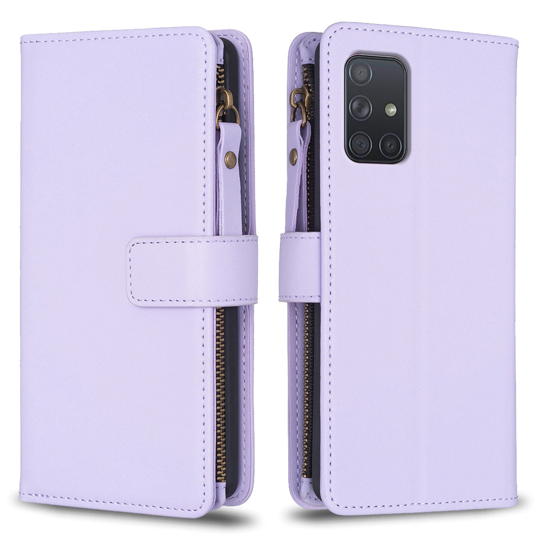 Samsung Galaxy A71 4G Leather Flip Phone Case with 9 Card Slots, Zipper Wallet & Detachable Wristlet Strap