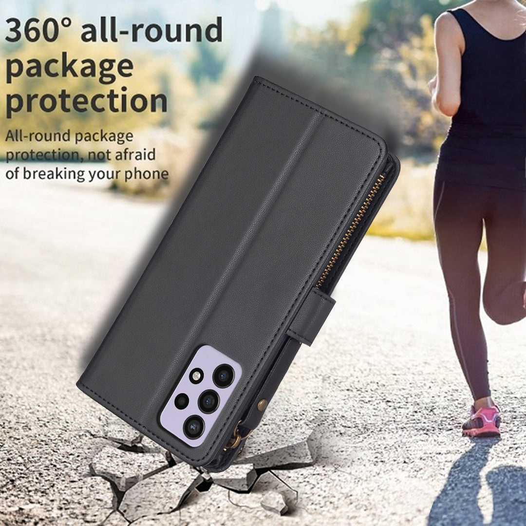 Samsung Galaxy A72 Leather Flip Phone Case with 9 Card Slots, Zipper Wallet & Detachable Wristlet Strap