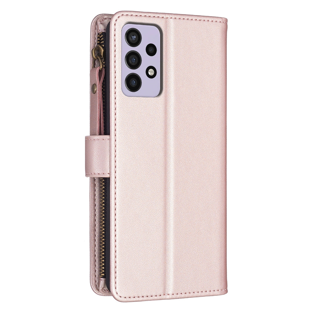 Samsung Galaxy A72 Leather Flip Phone Case with 9 Card Slots, Zipper Wallet & Detachable Wristlet Strap