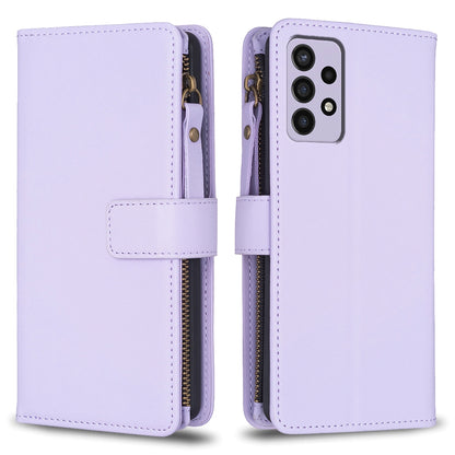 Samsung Galaxy A72 Leather Flip Phone Case with 9 Card Slots, Zipper Wallet & Detachable Wristlet Strap