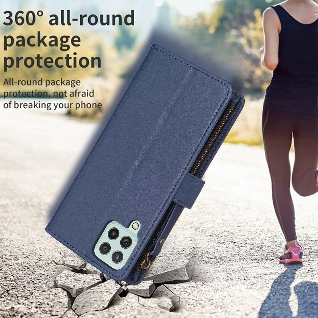 Samsung Galaxy A22 4G Leather Flip Phone Case with 9 Card Slots, Zipper Wallet & Detachable Wristlet Strap