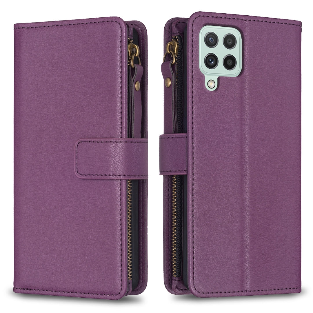 Samsung Galaxy A22 4G Leather Flip Phone Case with 9 Card Slots, Zipper Wallet & Detachable Wristlet Strap