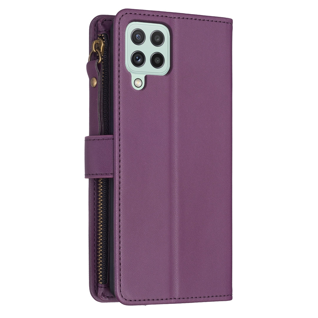 Samsung Galaxy A22 4G Leather Flip Phone Case with 9 Card Slots, Zipper Wallet & Detachable Wristlet Strap
