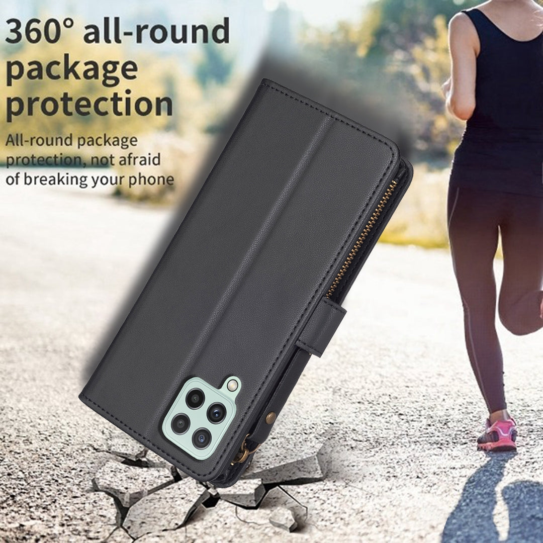 Samsung Galaxy A22 4G Leather Flip Phone Case with 9 Card Slots, Zipper Wallet & Detachable Wristlet Strap