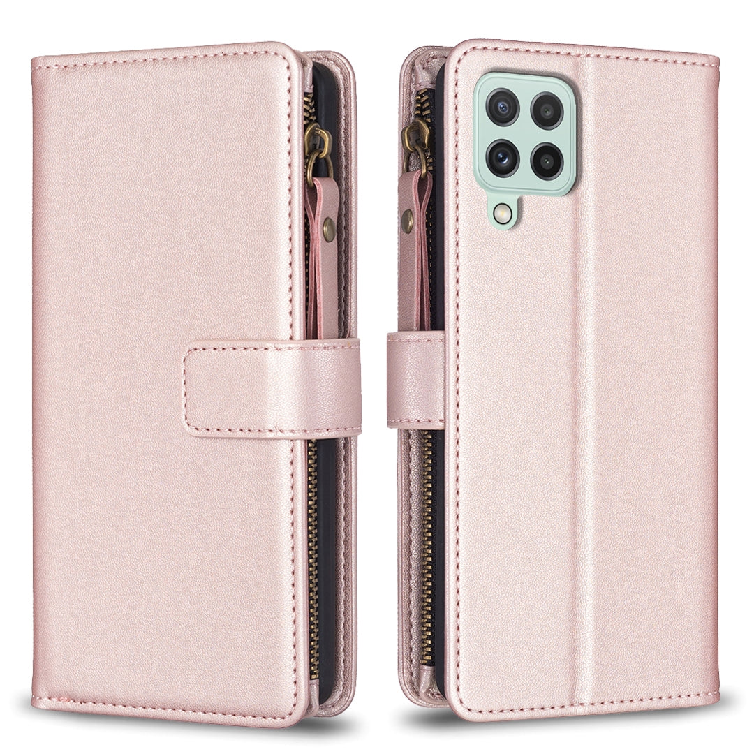 Samsung Galaxy A22 4G Leather Flip Phone Case with 9 Card Slots, Zipper Wallet & Detachable Wristlet Strap