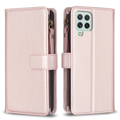 Samsung Galaxy A22 4G Leather Flip Phone Case with 9 Card Slots, Zipper Wallet & Detachable Wristlet Strap