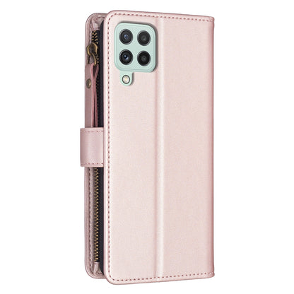 Samsung Galaxy A22 4G Leather Flip Phone Case with 9 Card Slots, Zipper Wallet & Detachable Wristlet Strap