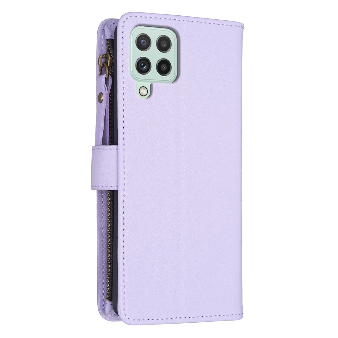 Samsung Galaxy A22 4G Leather Flip Phone Case with 9 Card Slots, Zipper Wallet & Detachable Wristlet Strap