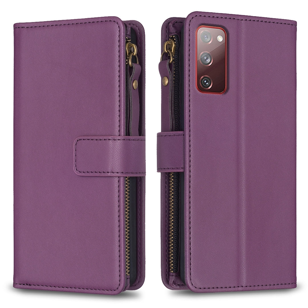 Samsung Galaxy S20 FE Leather Flip Phone Case with 9 Card Slots, Zipper Wallet & Detachable Wristlet Strap