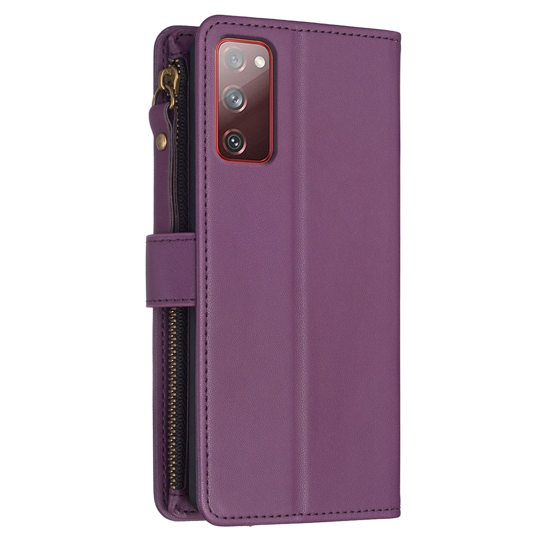 Samsung Galaxy S20 FE Leather Flip Phone Case with 9 Card Slots, Zipper Wallet & Detachable Wristlet Strap