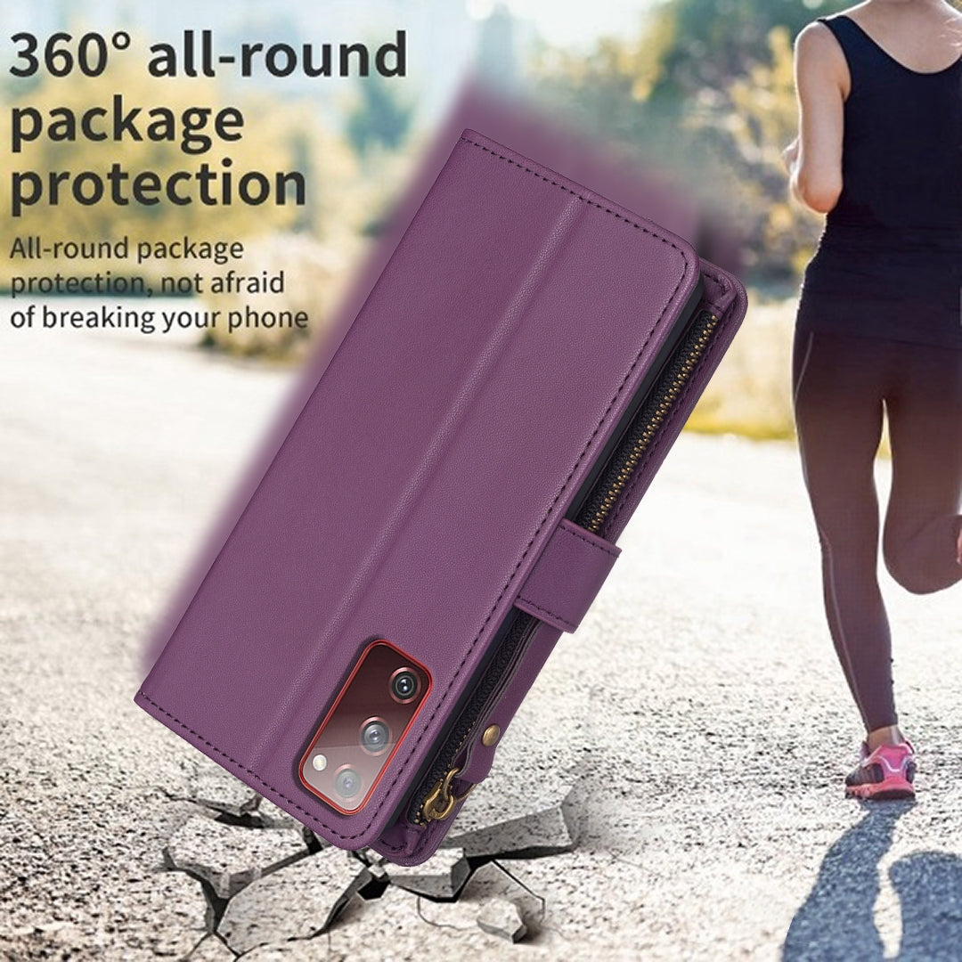 Samsung Galaxy S20 FE Leather Flip Phone Case with 9 Card Slots, Zipper Wallet & Detachable Wristlet Strap