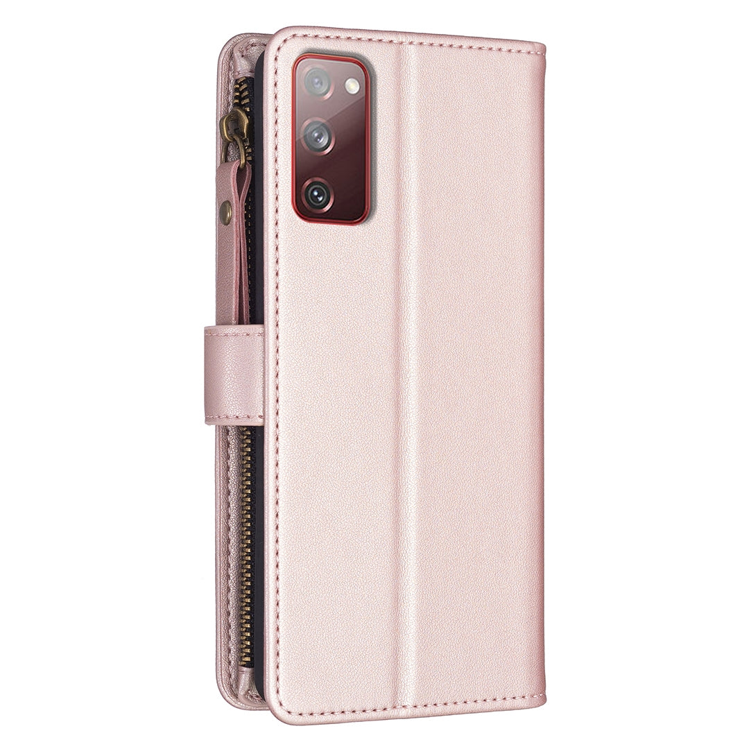 Samsung Galaxy S20 FE Leather Flip Phone Case with 9 Card Slots, Zipper Wallet & Detachable Wristlet Strap