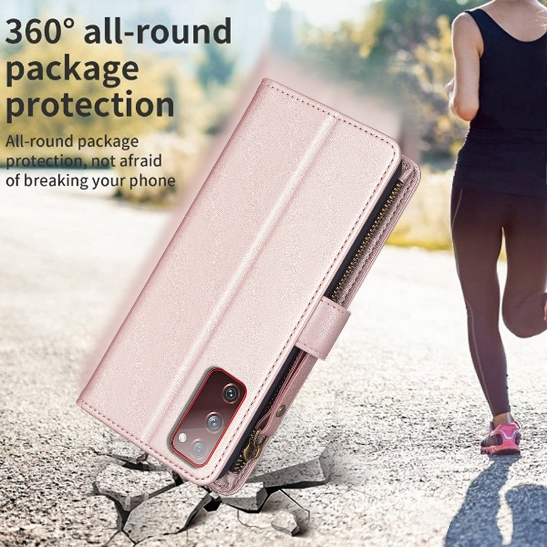 Samsung Galaxy S20 FE Leather Flip Phone Case with 9 Card Slots, Zipper Wallet & Detachable Wristlet Strap