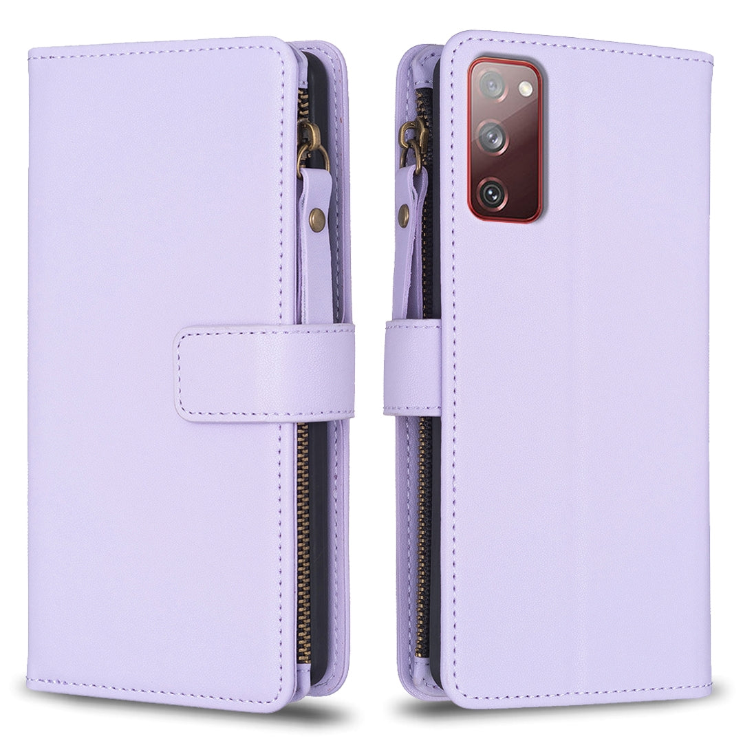 Samsung Galaxy S20 FE Leather Flip Phone Case with 9 Card Slots, Zipper Wallet & Detachable Wristlet Strap