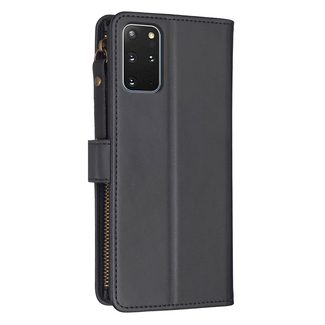 Samsung Galaxy S20+ Leather Flip Phone Case with 9 Card Slots, Zipper Wallet & Detachable Wristlet Strap