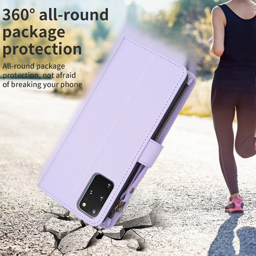 Samsung Galaxy S20+ Leather Flip Phone Case with 9 Card Slots, Zipper Wallet & Detachable Wristlet Strap