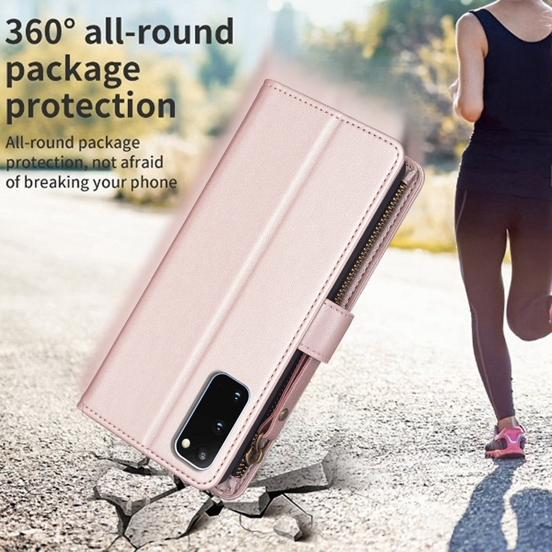 Samsung Galaxy S20 Leather Flip Phone Case with 9 Card Slots, Zipper Wallet & Detachable Wristlet Strap