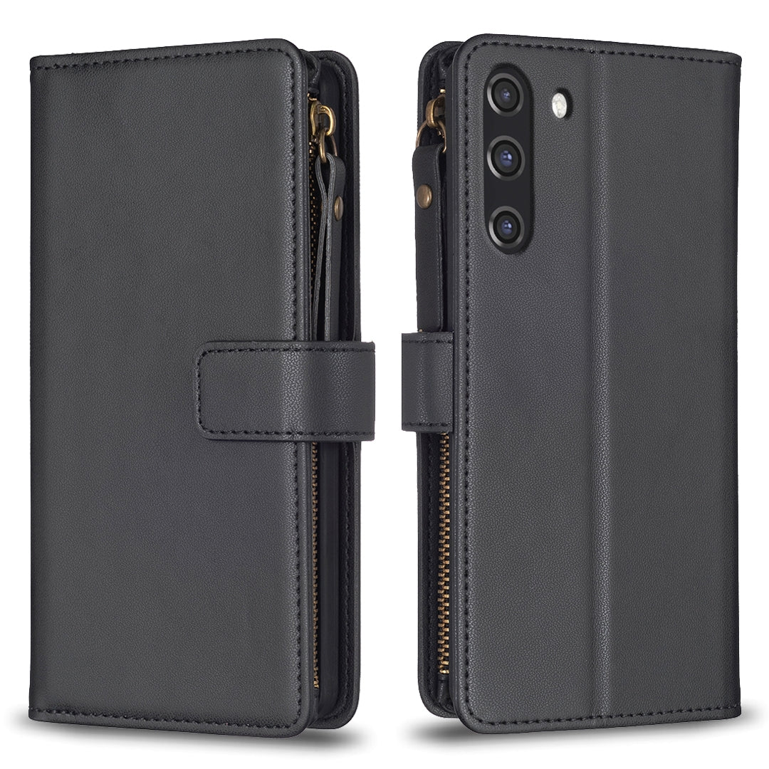 Samsung Galaxy S21 FE 5G Leather Flip Phone Case with 9 Card Slots, Zipper Wallet & Detachable Wristlet Strap