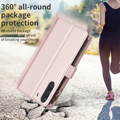 Samsung Galaxy S21 FE 5G Leather Flip Phone Case with 9 Card Slots, Zipper Wallet & Detachable Wristlet Strap