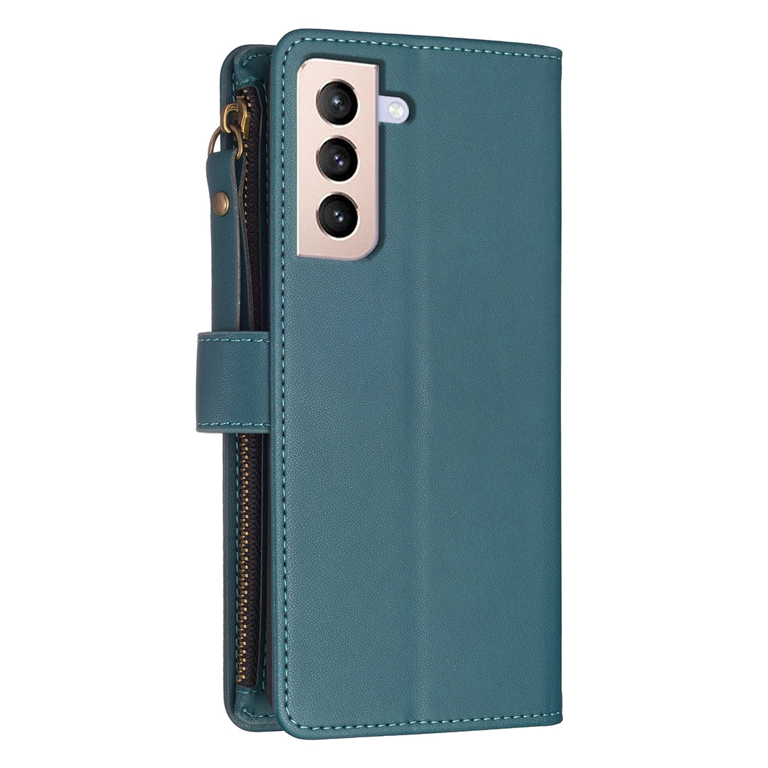 Samsung Galaxy S21+ 5G Leather Flip Phone Case with 9 Card Slots, Zipper Wallet & Detachable Wristlet Strap