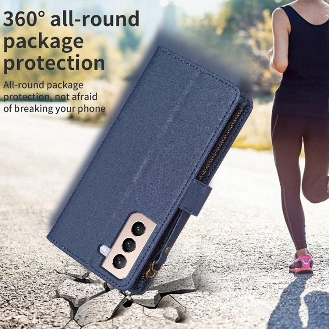 Samsung Galaxy S21+ 5G Leather Flip Phone Case with 9 Card Slots, Zipper Wallet & Detachable Wristlet Strap