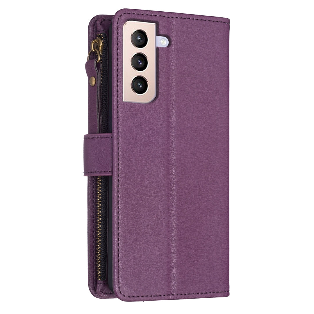 Samsung Galaxy S21+ 5G Leather Flip Phone Case with 9 Card Slots, Zipper Wallet & Detachable Wristlet Strap