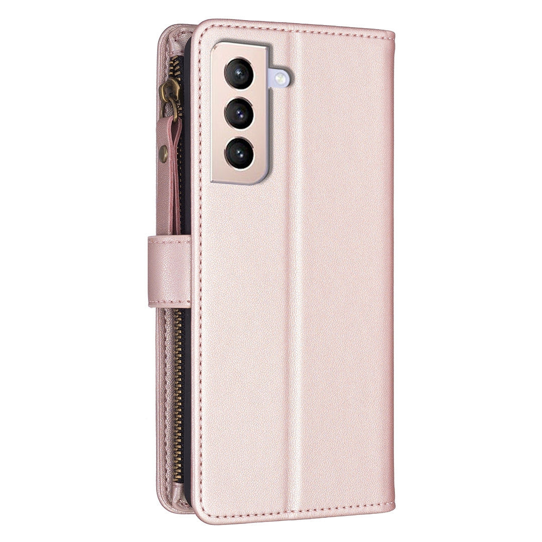 Samsung Galaxy S21+ 5G Leather Flip Phone Case with 9 Card Slots, Zipper Wallet & Detachable Wristlet Strap