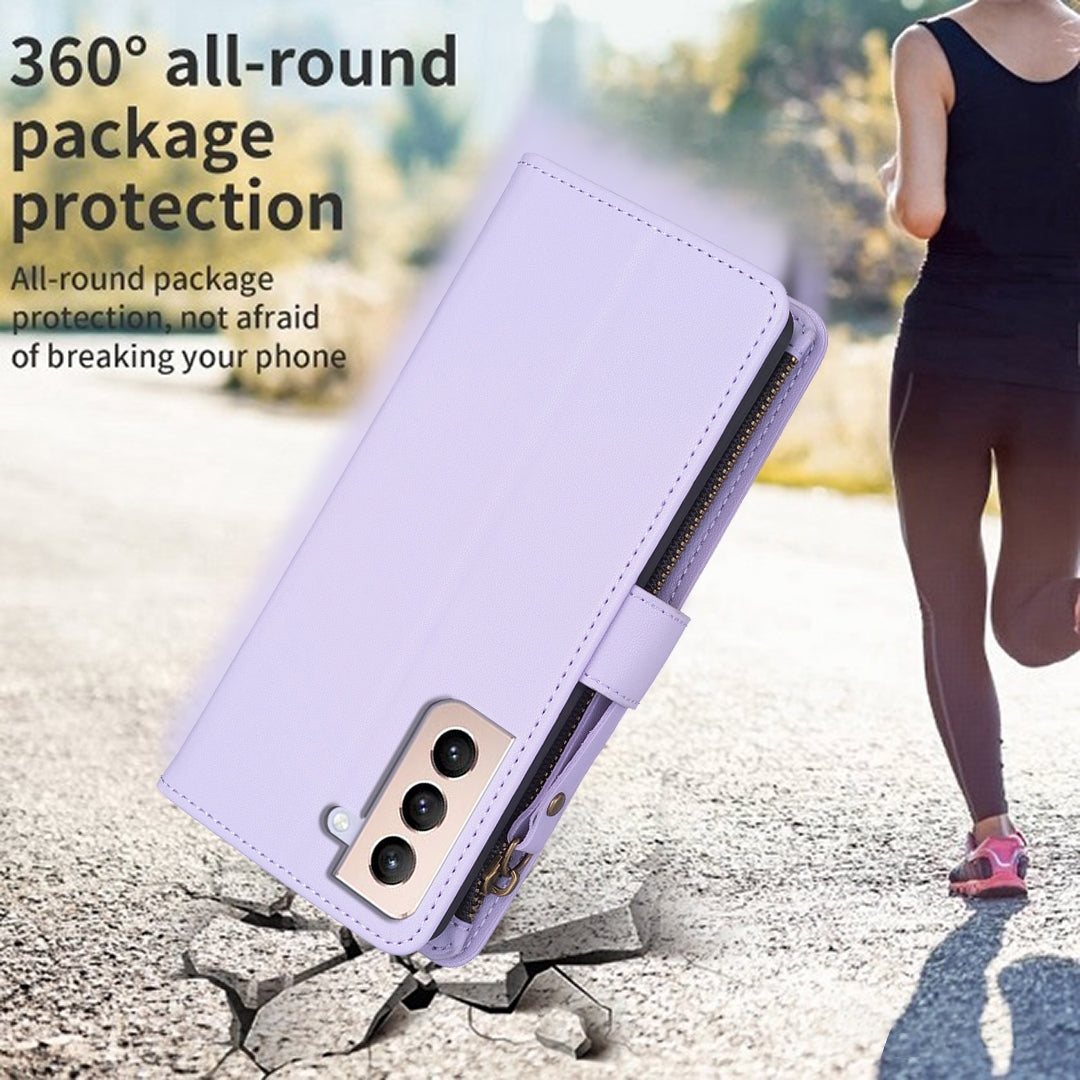 Samsung Galaxy S21+ 5G Leather Flip Phone Case with 9 Card Slots, Zipper Wallet & Detachable Wristlet Strap