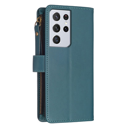 Samsung Galaxy S21 Ultra 5G Leather Flip Phone Case with 9 Card Slots, Zipper Wallet & Detachable Wristlet Strap