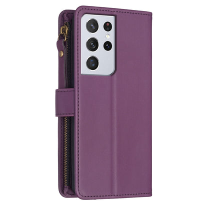 Samsung Galaxy S21 Ultra 5G Leather Flip Phone Case with 9 Card Slots, Zipper Wallet & Detachable Wristlet Strap