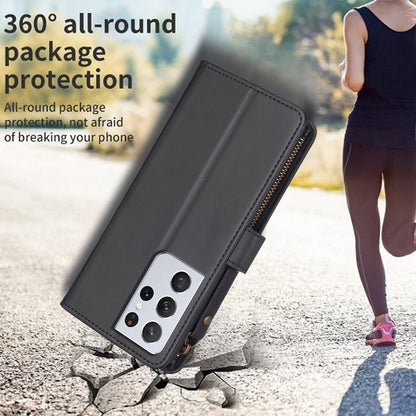 Samsung Galaxy S21 Ultra 5G Leather Flip Phone Case with 9 Card Slots, Zipper Wallet & Detachable Wristlet Strap