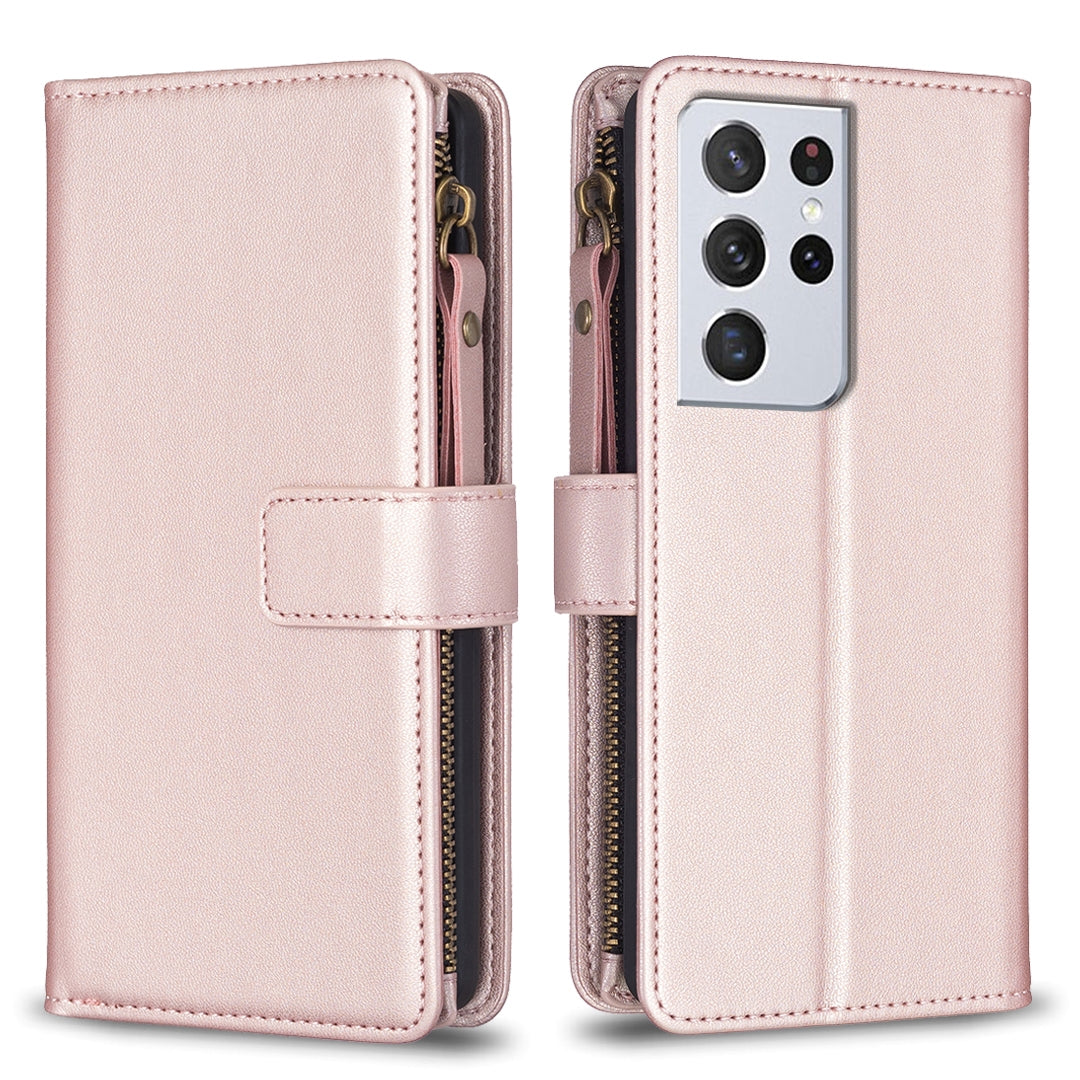 Samsung Galaxy S21 Ultra 5G Leather Flip Phone Case with 9 Card Slots, Zipper Wallet & Detachable Wristlet Strap