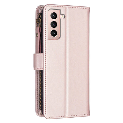 Samsung Galaxy S21 5G Leather Flip Phone Case with 9 Card Slots, Zipper Wallet & Detachable Wristlet Strap