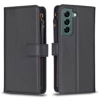 Samsung Galaxy S22+ 5G Leather Flip Phone Case with 9 Card Slots, Zipper Wallet & Detachable Wristlet Strap
