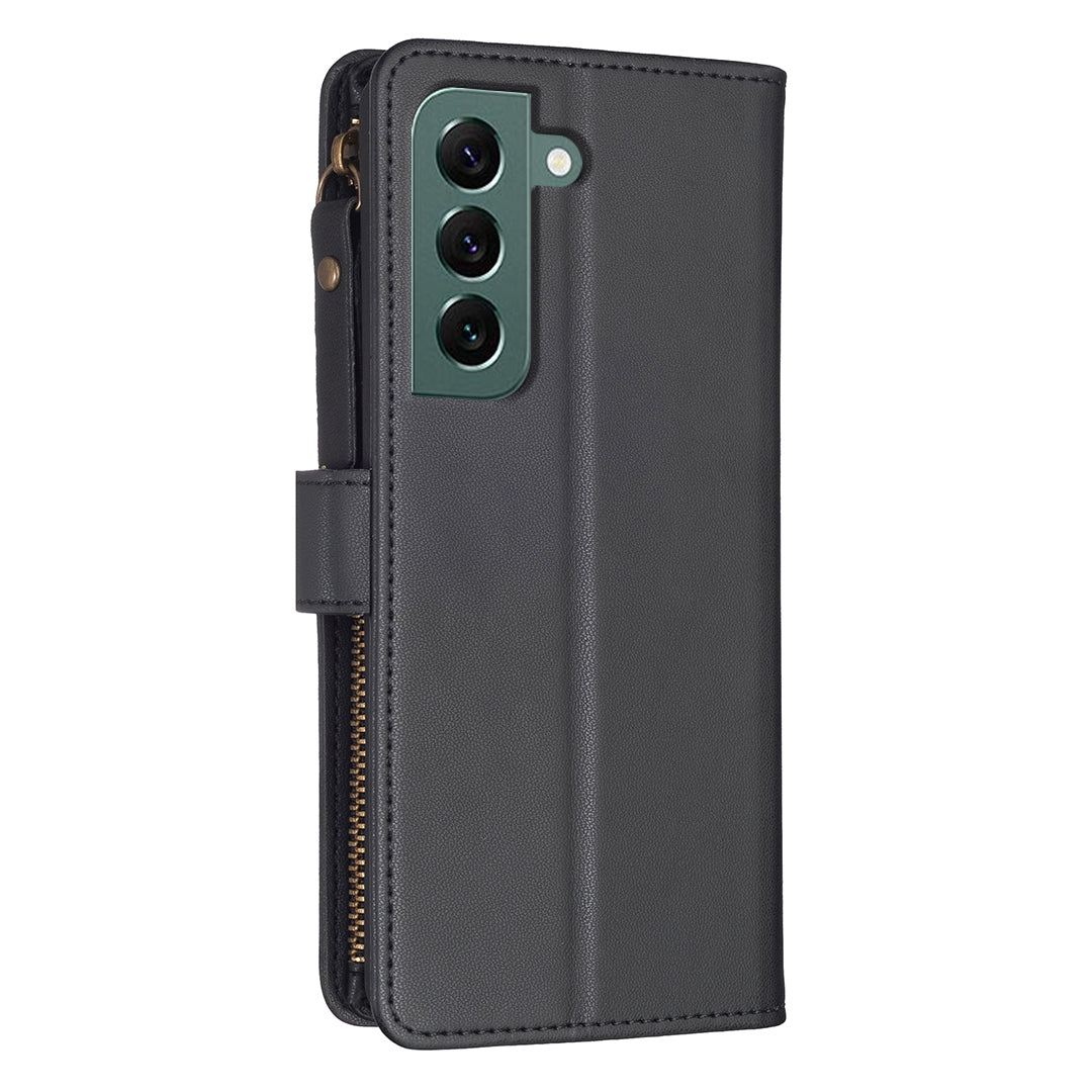 Samsung Galaxy S22+ 5G Leather Flip Phone Case with 9 Card Slots, Zipper Wallet & Detachable Wristlet Strap