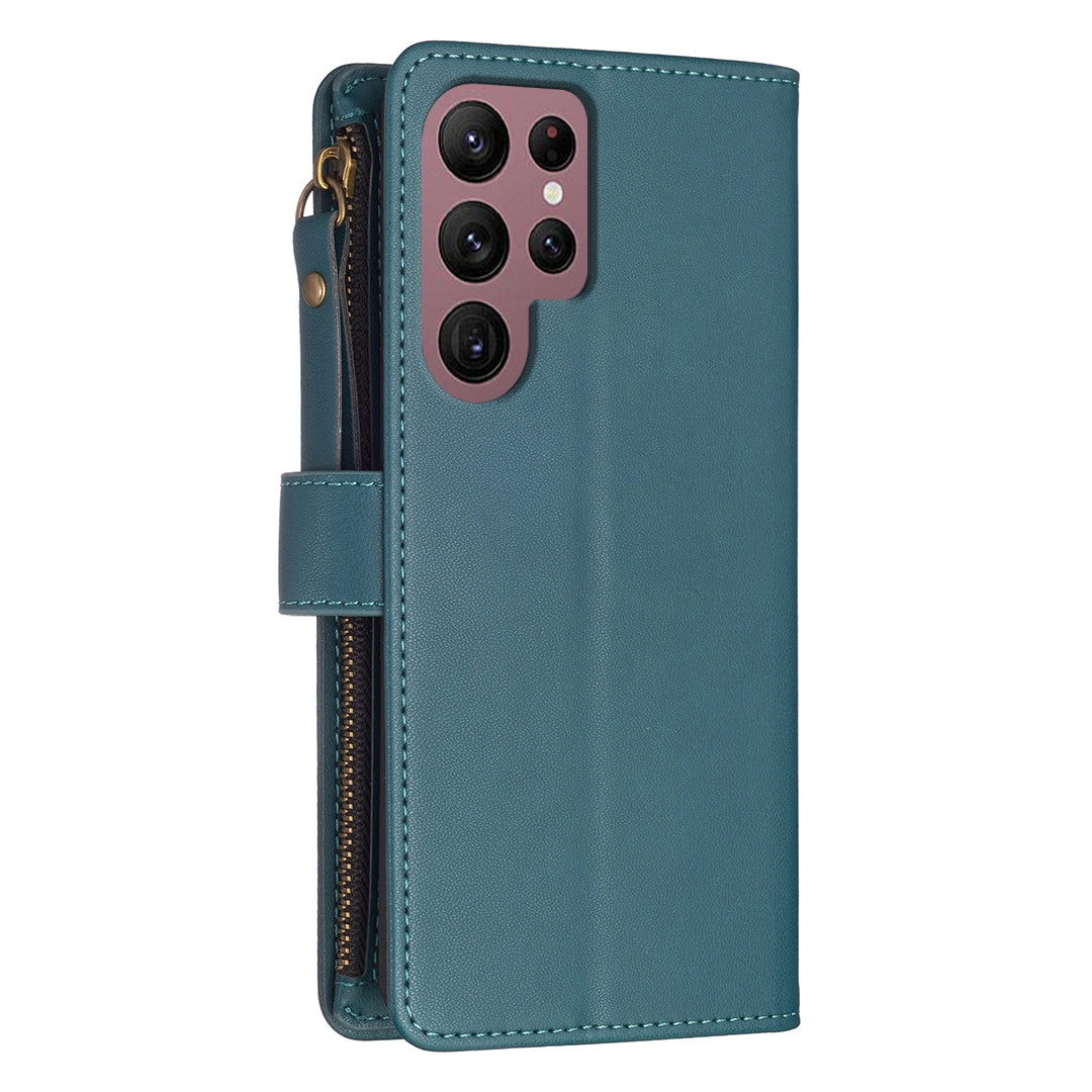 Samsung Galaxy S22 Ultra 5G Leather Flip Phone Case with 9 Card Slots, Zipper Wallet & Detachable Wristlet Strap