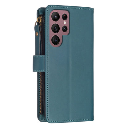Samsung Galaxy S22 Ultra 5G Leather Flip Phone Case with 9 Card Slots, Zipper Wallet & Detachable Wristlet Strap