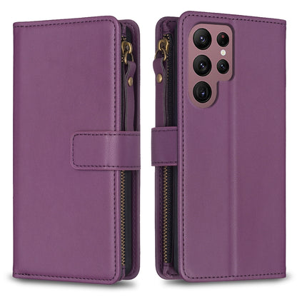 Samsung Galaxy S22 Ultra 5G Leather Flip Phone Case with 9 Card Slots, Zipper Wallet & Detachable Wristlet Strap