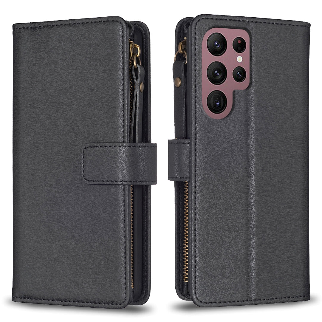 Samsung Galaxy S22 Ultra 5G Leather Flip Phone Case with 9 Card Slots, Zipper Wallet & Detachable Wristlet Strap