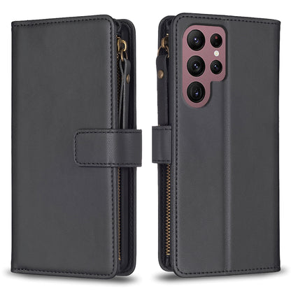 Samsung Galaxy S22 Ultra 5G Leather Flip Phone Case with 9 Card Slots, Zipper Wallet & Detachable Wristlet Strap