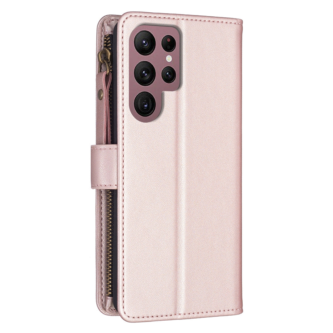 Samsung Galaxy S22 Ultra 5G Leather Flip Phone Case with 9 Card Slots, Zipper Wallet & Detachable Wristlet Strap