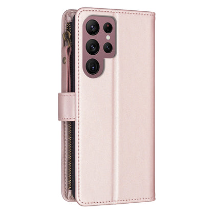 Samsung Galaxy S22 Ultra 5G Leather Flip Phone Case with 9 Card Slots, Zipper Wallet & Detachable Wristlet Strap