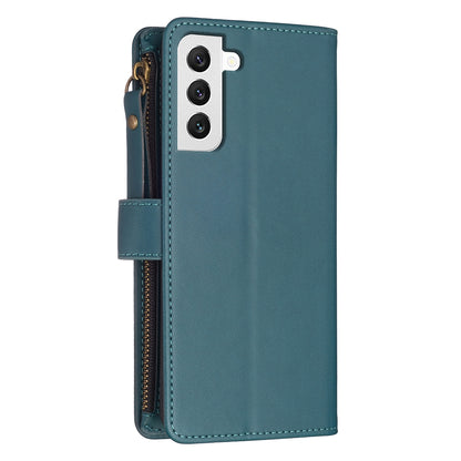 Samsung Galaxy S22 5G Leather Flip Phone Case with 9 Card Slots, Zipper Wallet & Detachable Wristlet Strap