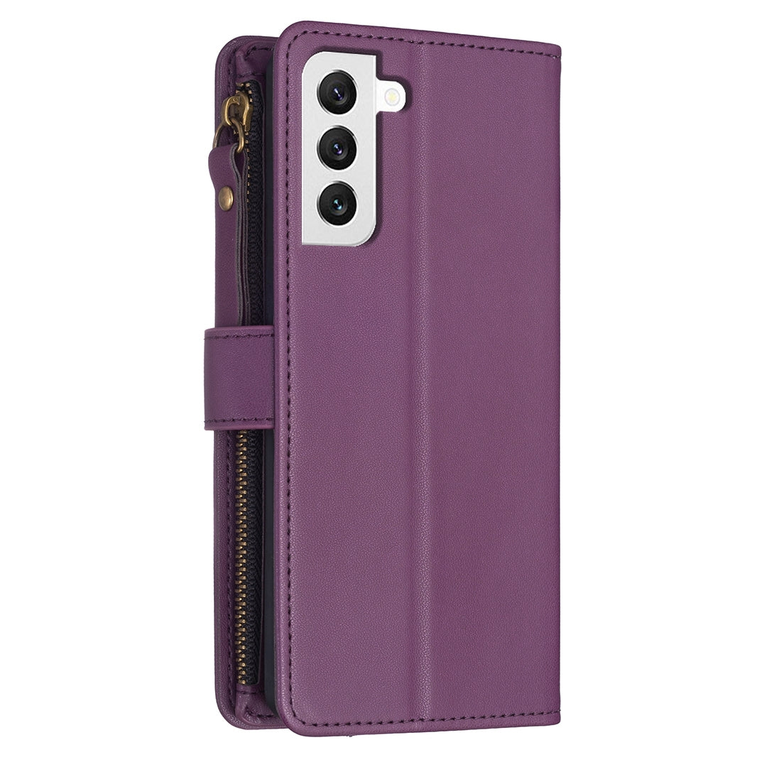 Samsung Galaxy S22 5G Leather Flip Phone Case with 9 Card Slots, Zipper Wallet & Detachable Wristlet Strap