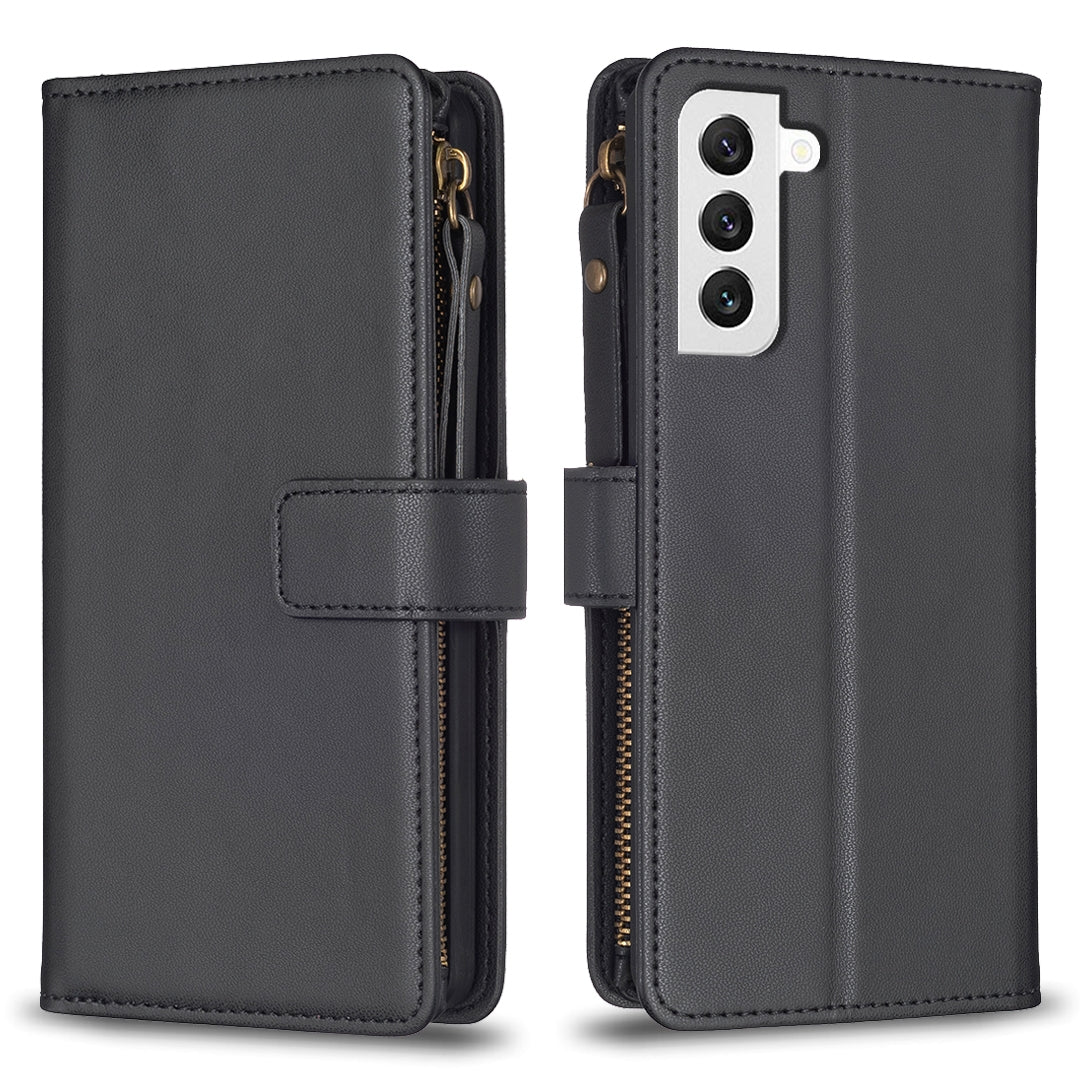 Samsung Galaxy S22 5G Leather Flip Phone Case with 9 Card Slots, Zipper Wallet & Detachable Wristlet Strap