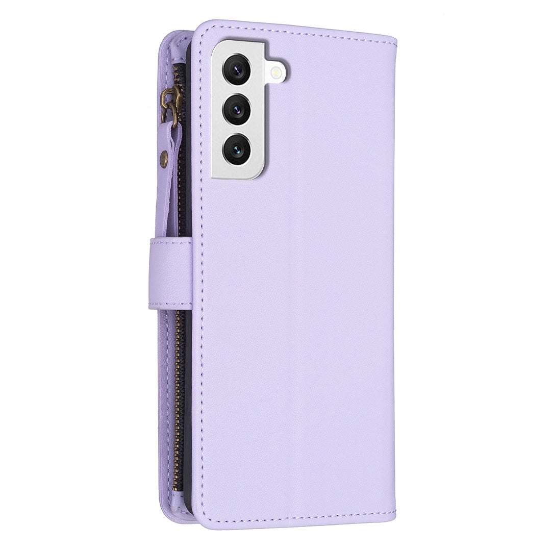 Samsung Galaxy S22 5G Leather Flip Phone Case with 9 Card Slots, Zipper Wallet & Detachable Wristlet Strap